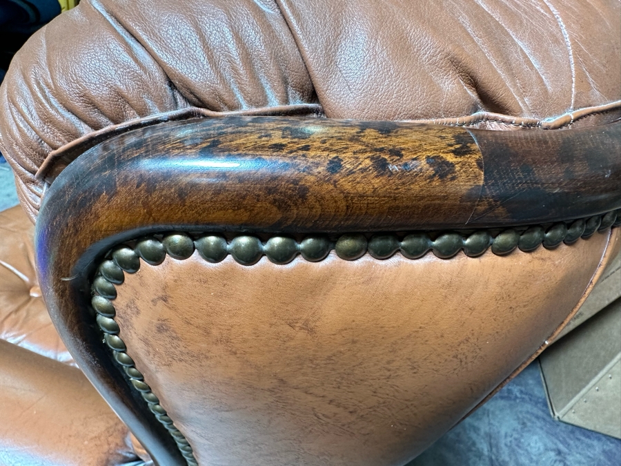Vintage Light Brown Leather Loveseat Sofa With Brass Nailhead Trim 61W X 36D X 39H [Photo 7]