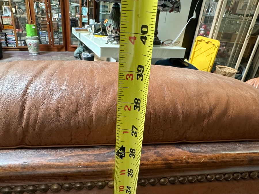 Vintage Light Brown Leather Loveseat Sofa With Brass Nailhead Trim 61W X 36D X 39H [Photo 9]