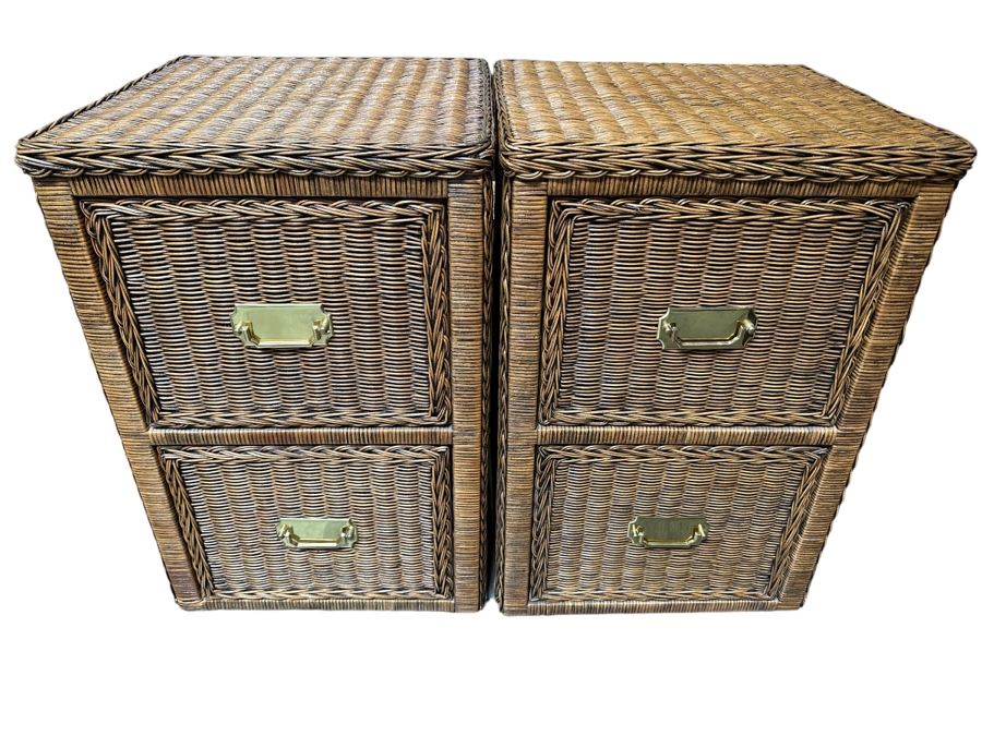 Pair of Woven Wicker 2-Drawer Filing Cabinets With Brass Hardware 19W X 19D X 28H [Photo 2]