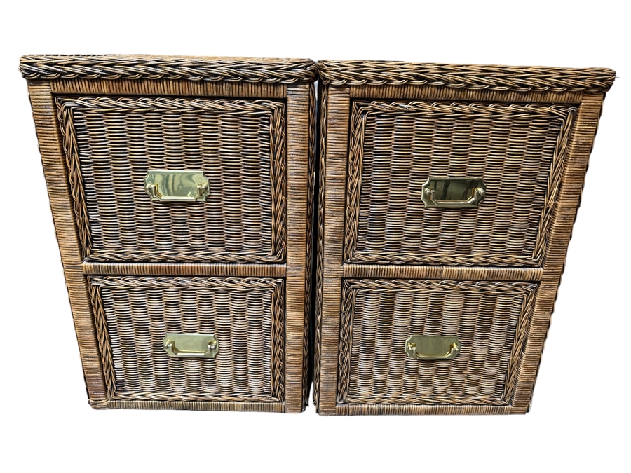 Pair of Woven Wicker 2-Drawer Filing Cabinets With Brass Hardware 19W X 19D X 28H [Photo 4]