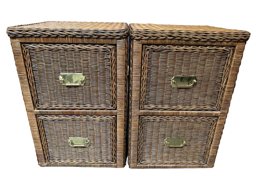 Pair of Woven Wicker 2-Drawer Filing Cabinets With Brass Hardware 19W X 19D X 28H [Photo 3]