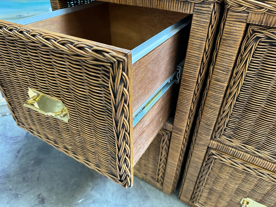 Pair of Woven Wicker 2-Drawer Filing Cabinets With Brass Hardware 19W X 19D X 28H [Photo 5]