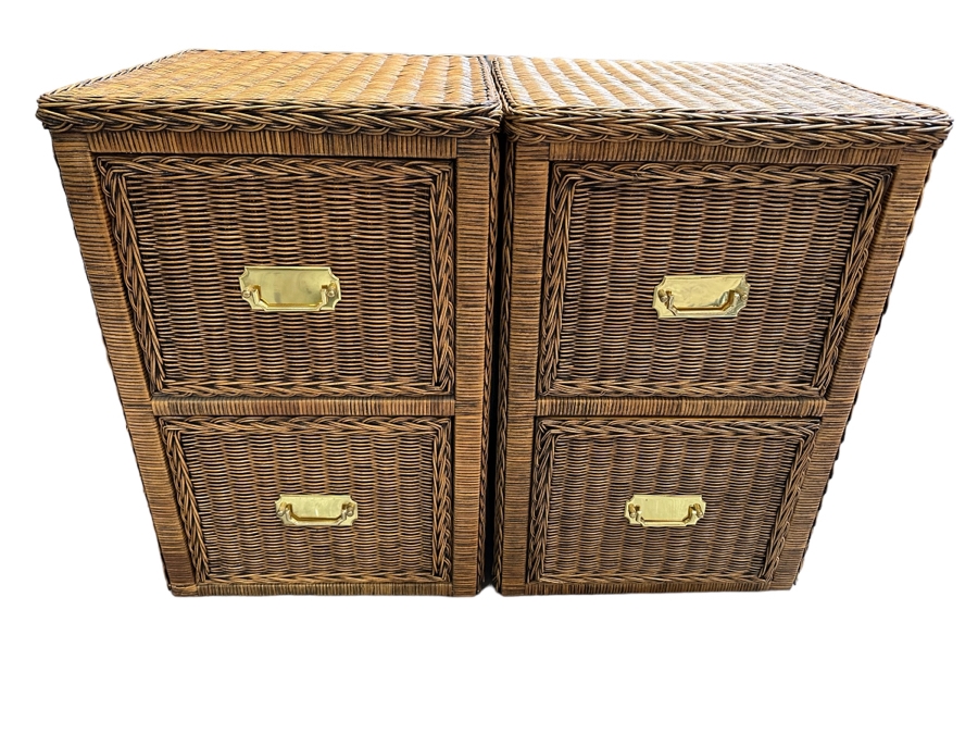 Pair of Woven Wicker 2-Drawer Filing Cabinets With Brass Hardware 19W X 19D X 28H