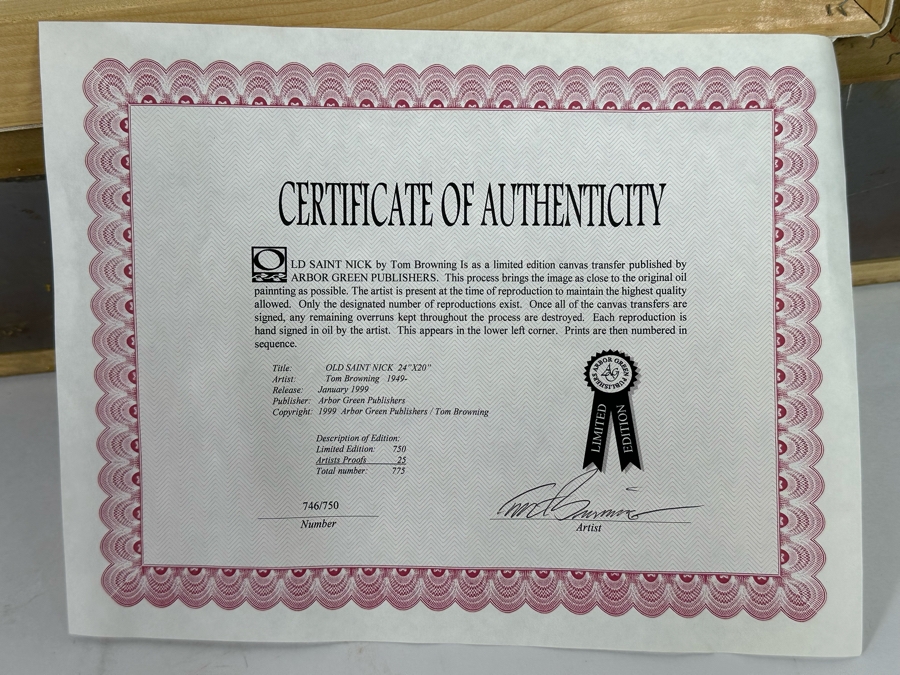 Tom Browning Hand Signed Limited Edition Christmas Santa Claus Canvas Print Titled 'Old Saint Nick' Numbered 746 Of 750 20 X 24 Framed 30 X 34 [Photo 16]