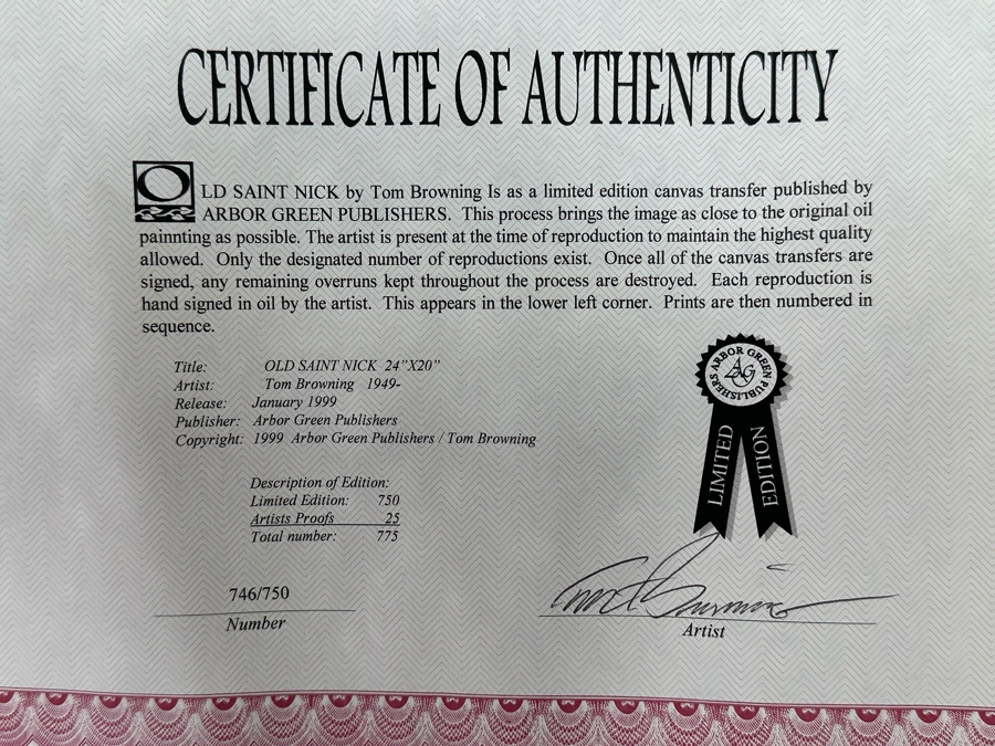 Tom Browning Hand Signed Limited Edition Christmas Santa Claus Canvas Print Titled 'Old Saint Nick' Numbered 746 Of 750 20 X 24 Framed 30 X 34 [Photo 17]