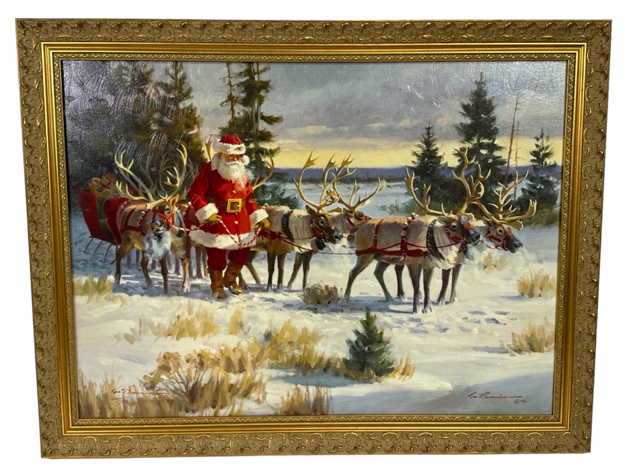 Tom Browning Hand Signed Limited Edition Christmas Santa Claus Canvas Print Titled 'Santa's Favorite Team' Numbered 208 Of 750 26 X 20 Framed 30 X 23.5 [Photo 1]