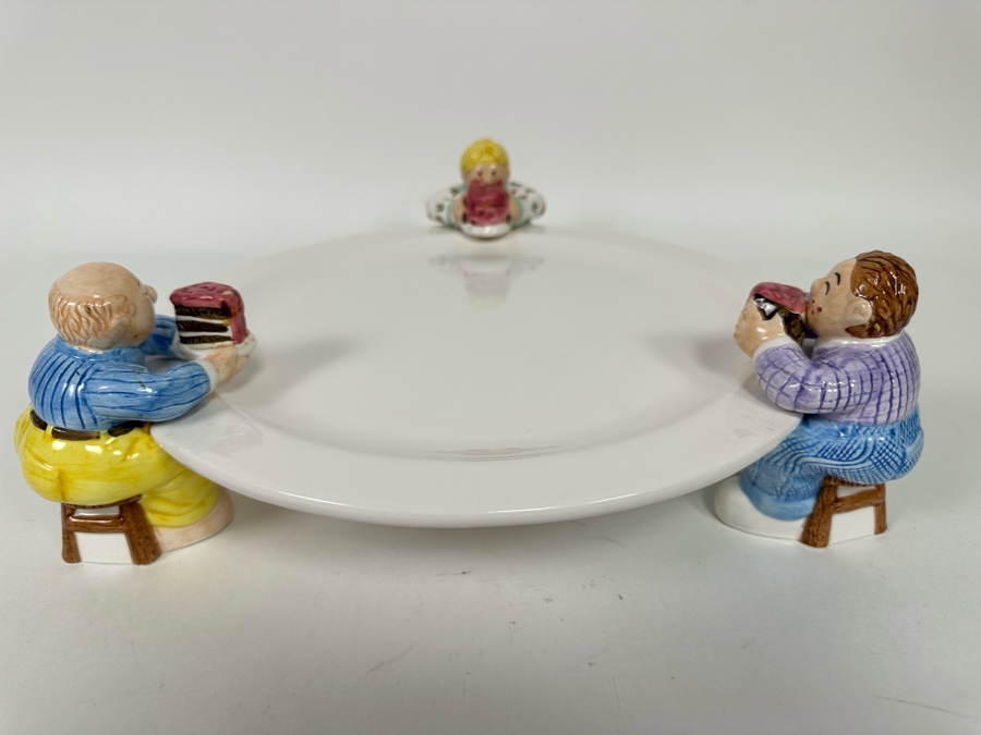 Vintage 1997 Lotus Handcrafted Footed Ceramic Cake Plate With Three People 15W [Photo 2]