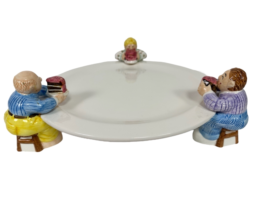 Vintage 1997 Lotus Handcrafted Footed Ceramic Cake Plate With Three People 15W [Photo 1]