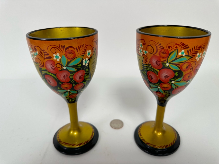 Pair Of Russian Hand Painted Wooden Goblets 6.5H [Photo 3]