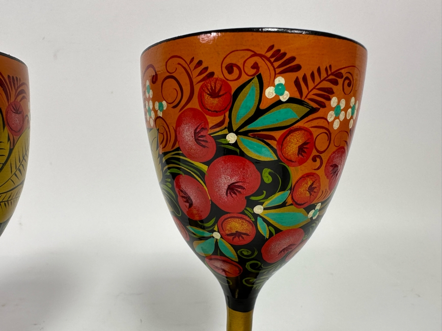 Pair Of Russian Hand Painted Wooden Goblets 6.5H [Photo 4]