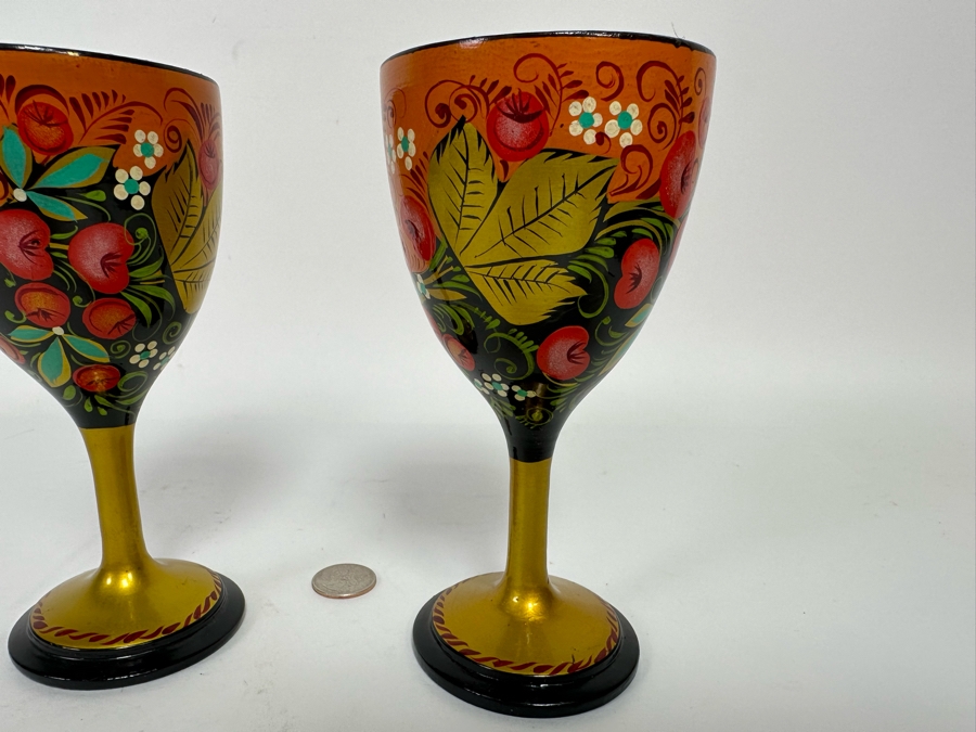Pair Of Russian Hand Painted Wooden Goblets 6.5H [Photo 5]