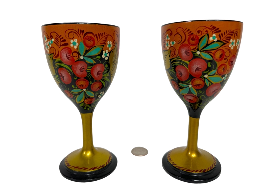 Pair Of Russian Hand Painted Wooden Goblets 6.5H [Photo 1]