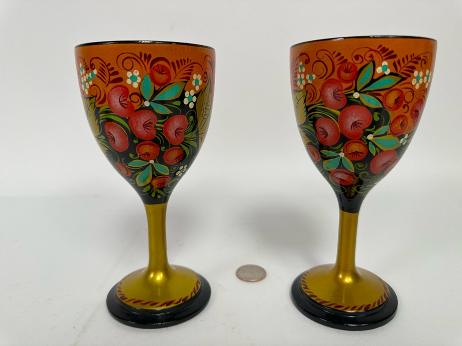 Pair Of Russian Hand Painted Wooden Goblets 6.5H [Photo 2]