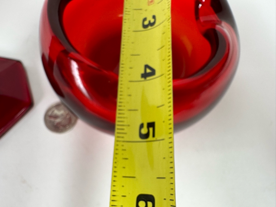 Westmoreland Glass Company Red Floral Vase 6.5H And Handmade Red Ashtray 4W X 2.5H [Photo 8]