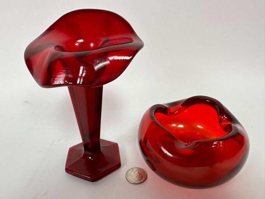 Westmoreland Glass Company Red Floral Vase 6.5H And Handmade Red Ashtray 4W X 2.5H [Photo 2]