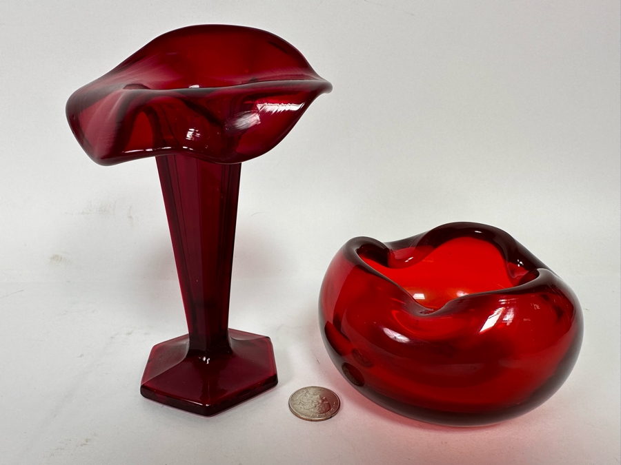 Westmoreland Glass Company Red Floral Vase 6.5H And Handmade Red Ashtray 4W X 2.5H [Photo 3]