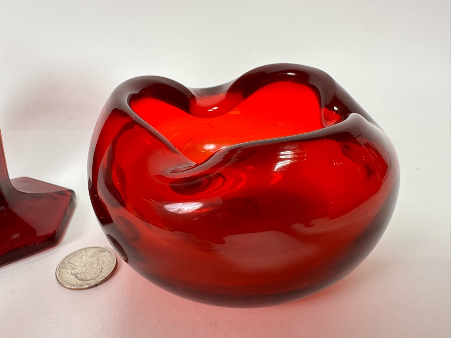 Westmoreland Glass Company Red Floral Vase 6.5H And Handmade Red Ashtray 4W X 2.5H [Photo 4]