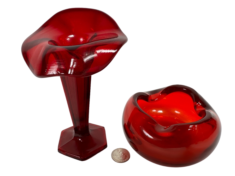 Westmoreland Glass Company Red Floral Vase 6.5H And Handmade Red Ashtray 4W X 2.5H [Photo 1]