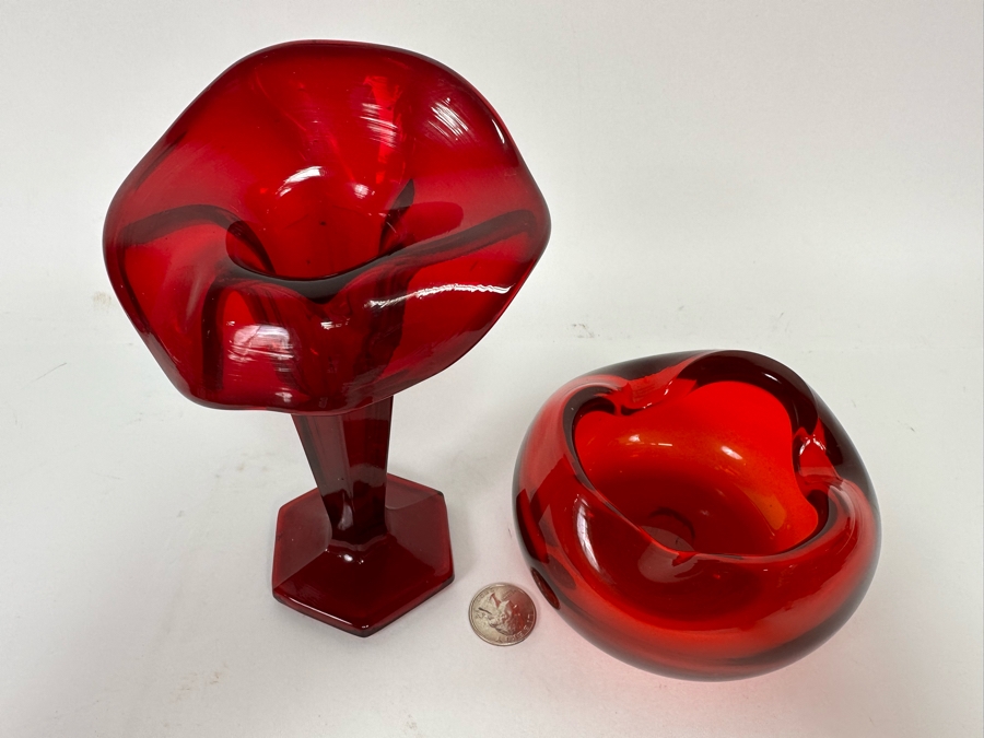 Westmoreland Glass Company Red Floral Vase 6.5H And Handmade Red Ashtray 4W X 2.5H [Photo 6]