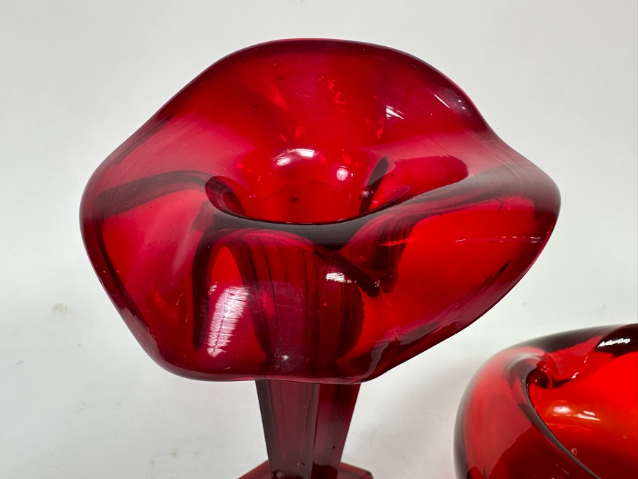 Westmoreland Glass Company Red Floral Vase 6.5H And Handmade Red Ashtray 4W X 2.5H [Photo 5]