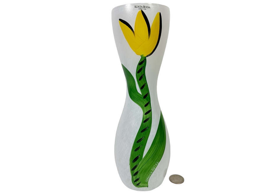 Kosta Boda Hand Painted Glass Vase, Signed 10H