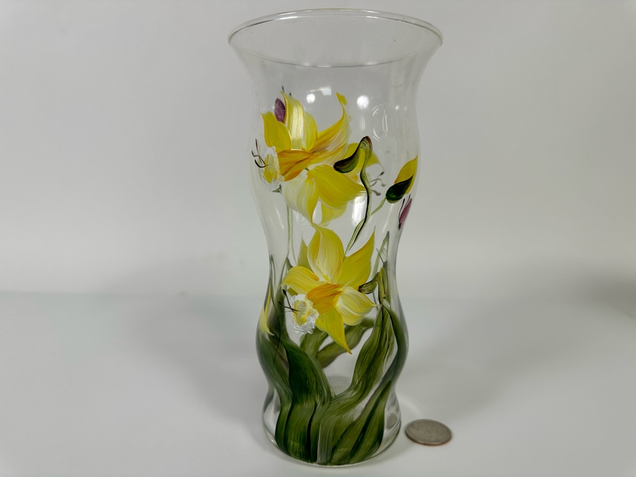 Hand Painted Glass Vase By Christine Schneider 7.75H [Photo 3]