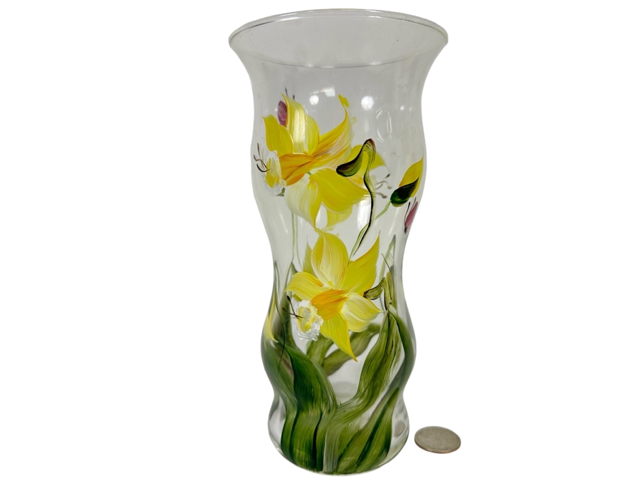 Hand Painted Glass Vase By Christine Schneider 7.75H