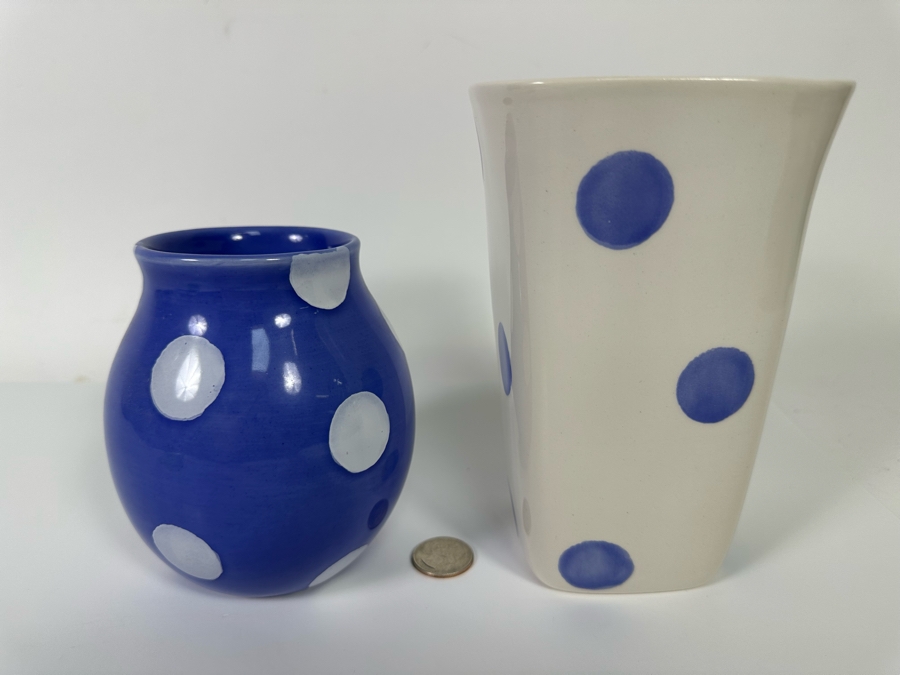 Pair Of Barbara Eigen Crate & Barrel Polka Dot Vases Made In Portugal 5H And 6.75H [Photo 3]