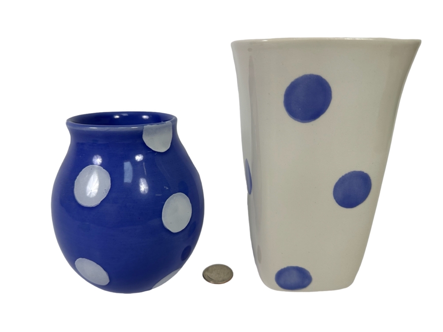 Pair Of Barbara Eigen Crate & Barrel Polka Dot Vases Made In Portugal 5H And 6.75H