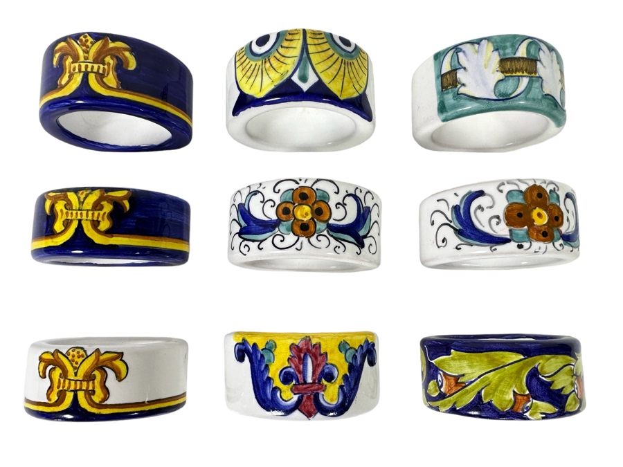 Hand Painted Italian Napkin Rings, Set Of 9