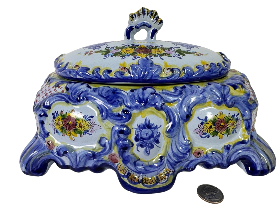 Vestal Hand Painted Covered Dish Alcobach Portugal 11.5W X 9D X 7H