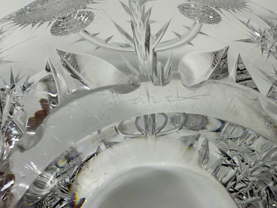 Josef Svarc (B. 1928, Czechoslovakian) Signed Deep Cut Bohemia Glass Footed Crystal Centerpiece Bowl Scottish Thistles Intaglio Cut, Rare 13W X 4.5H [Photo 9]