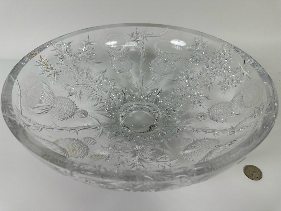Josef Svarc (B. 1928, Czechoslovakian) Signed Deep Cut Bohemia Glass Footed Crystal Centerpiece Bowl Scottish Thistles Intaglio Cut, Rare 13W X 4.5H [Photo 2]