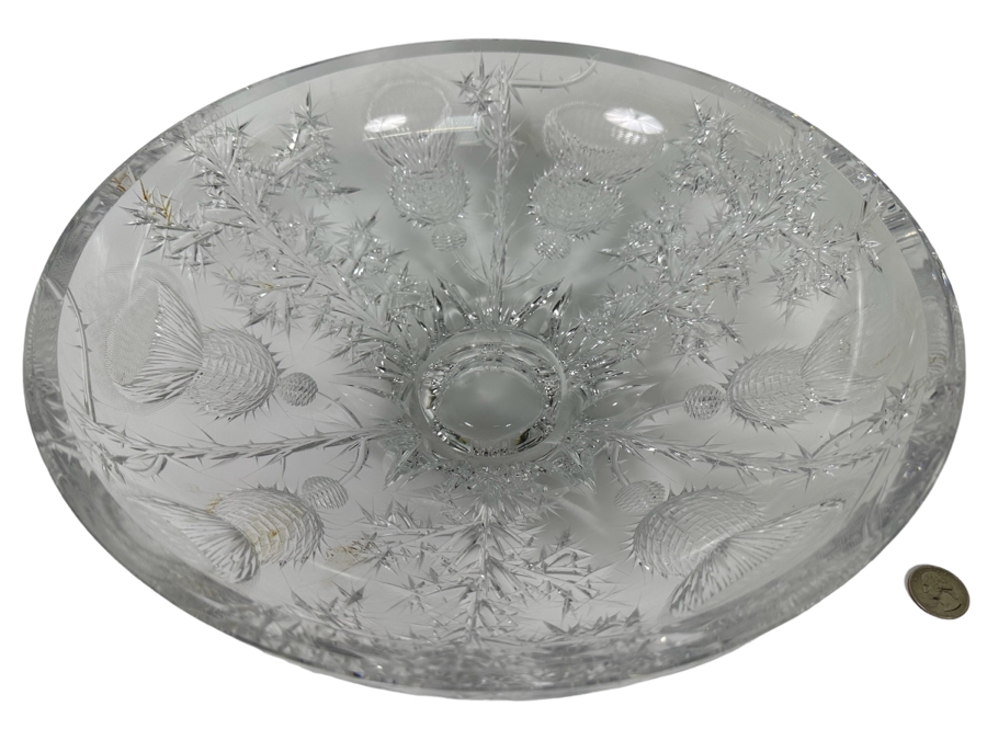Josef Svarc (B. 1928, Czechoslovakian) Signed Deep Cut Bohemia Glass Footed Crystal Centerpiece Bowl Scottish Thistles Intaglio Cut, Rare 13W X 4.5H [Photo 1]