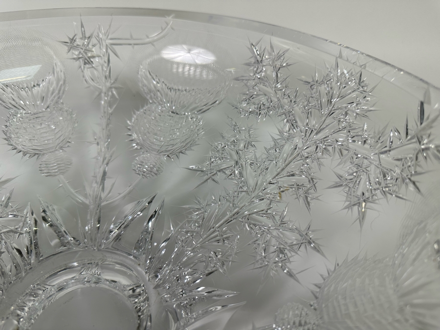 Josef Svarc (B. 1928, Czechoslovakian) Signed Deep Cut Bohemia Glass Footed Crystal Centerpiece Bowl Scottish Thistles Intaglio Cut, Rare 13W X 4.5H [Photo 7]