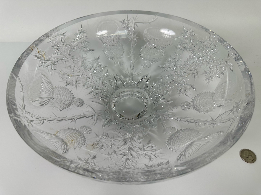 Josef Svarc (B. 1928, Czechoslovakian) Signed Deep Cut Bohemia Glass Footed Crystal Centerpiece Bowl Scottish Thistles Intaglio Cut, Rare 13W X 4.5H [Photo 3]