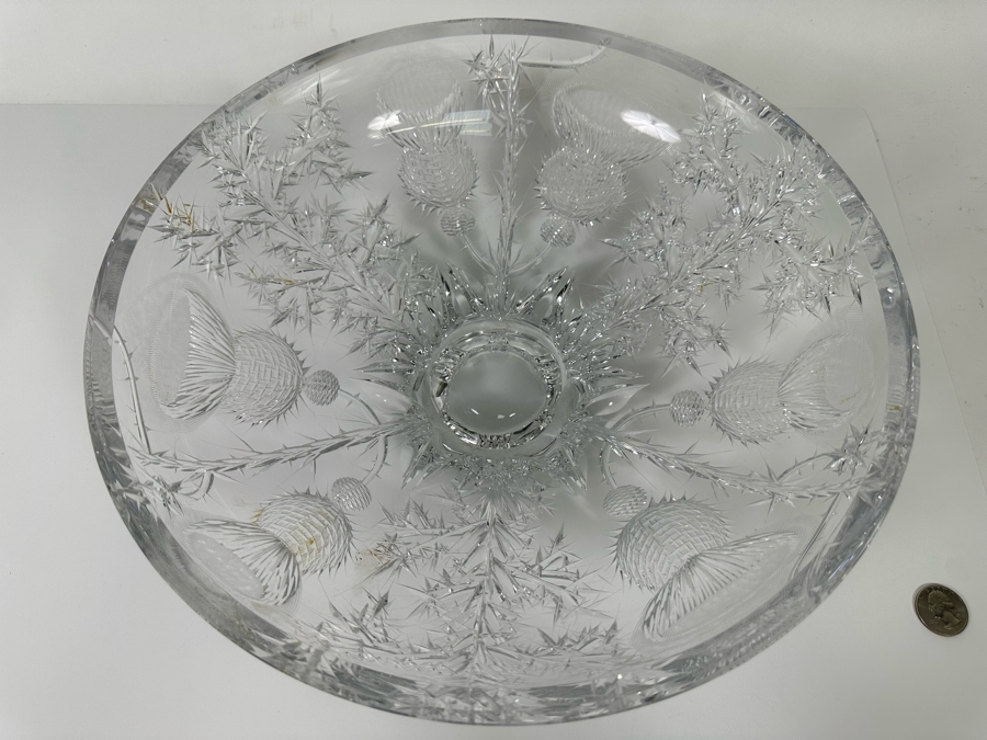 Josef Svarc (B. 1928, Czechoslovakian) Signed Deep Cut Bohemia Glass Footed Crystal Centerpiece Bowl Scottish Thistles Intaglio Cut, Rare 13W X 4.5H [Photo 4]