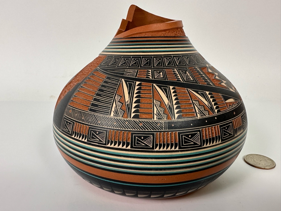 Doreen Langing / R. Nelson Navajo Native American Etched And Hand Painted Pottery Very Impressive 6W X 5H See Photos Retails $995 [Photo 6]