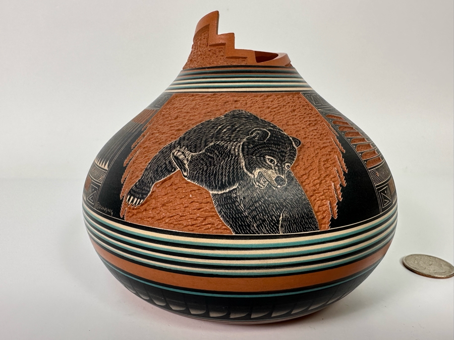 Doreen Langing / R. Nelson Navajo Native American Etched And Hand Painted Pottery Very Impressive 6W X 5H See Photos Retails $995 [Photo 3]