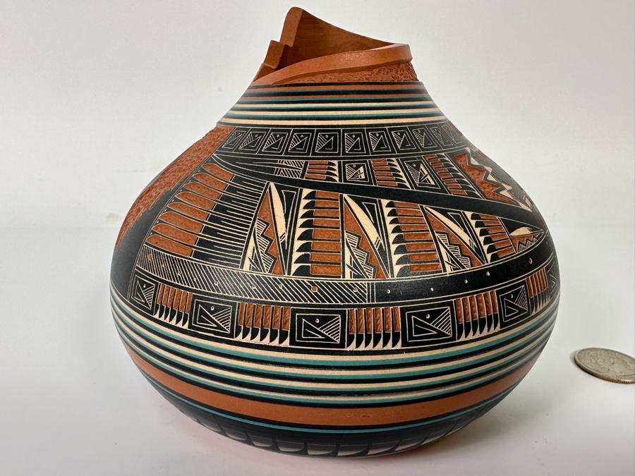 Doreen Langing / R. Nelson Navajo Native American Etched And Hand Painted Pottery Very Impressive 6W X 5H See Photos Retails $995 [Photo 5]