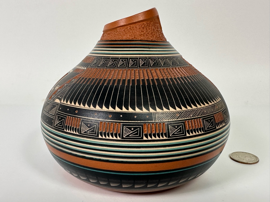Doreen Langing / R. Nelson Navajo Native American Etched And Hand Painted Pottery Very Impressive 6W X 5H See Photos Retails $995 [Photo 10]