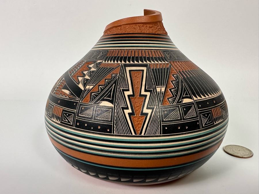 Doreen Langing / R. Nelson Navajo Native American Etched And Hand Painted Pottery Very Impressive 6W X 5H See Photos Retails $995 [Photo 8]