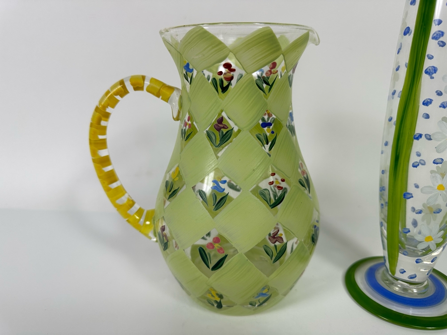 Hand Painted Glass Pitcher 8H And Vase 11.5H [Photo 4]