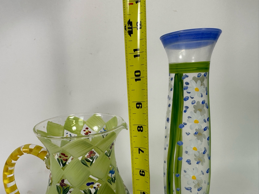 Hand Painted Glass Pitcher 8H And Vase 11.5H [Photo 9]