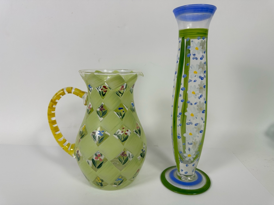 Hand Painted Glass Pitcher 8H And Vase 11.5H [Photo 3]