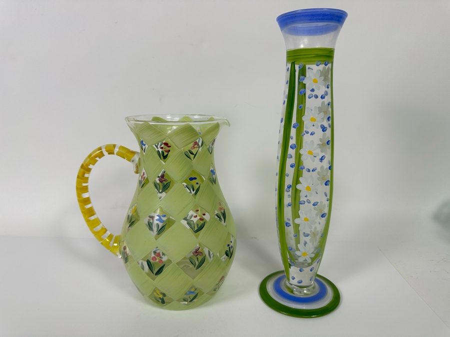 Hand Painted Glass Pitcher 8H And Vase 11.5H [Photo 2]