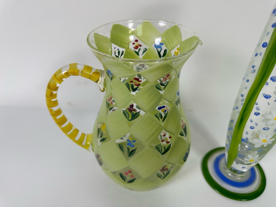 Hand Painted Glass Pitcher 8H And Vase 11.5H [Photo 5]