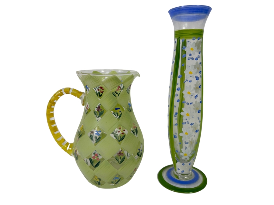 Hand Painted Glass Pitcher 8H And Vase 11.5H [Photo 1]