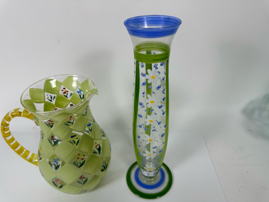 Hand Painted Glass Pitcher 8H And Vase 11.5H [Photo 6]