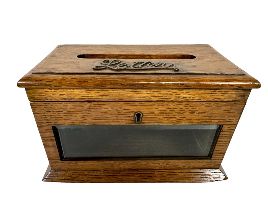Antique Oak Locking Letters Mailbox Box With Beveled Glass Window (No Skeleton Key) 10W X 6D X 5.75H [Photo 1]